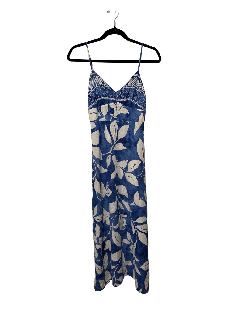Zara Vacation in Europe Linen Blue and Cream Floral Slip Strappy Midi Dress XS